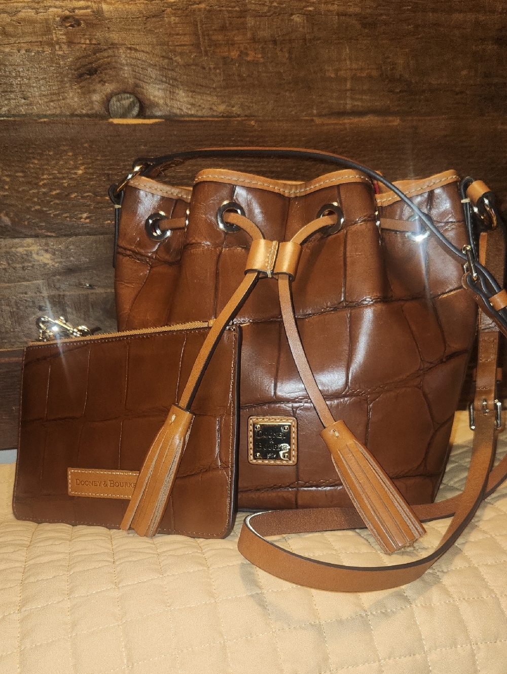 Dooney & Bourke Brown Croc-Embossed Drawstring Crossbody with Pouch